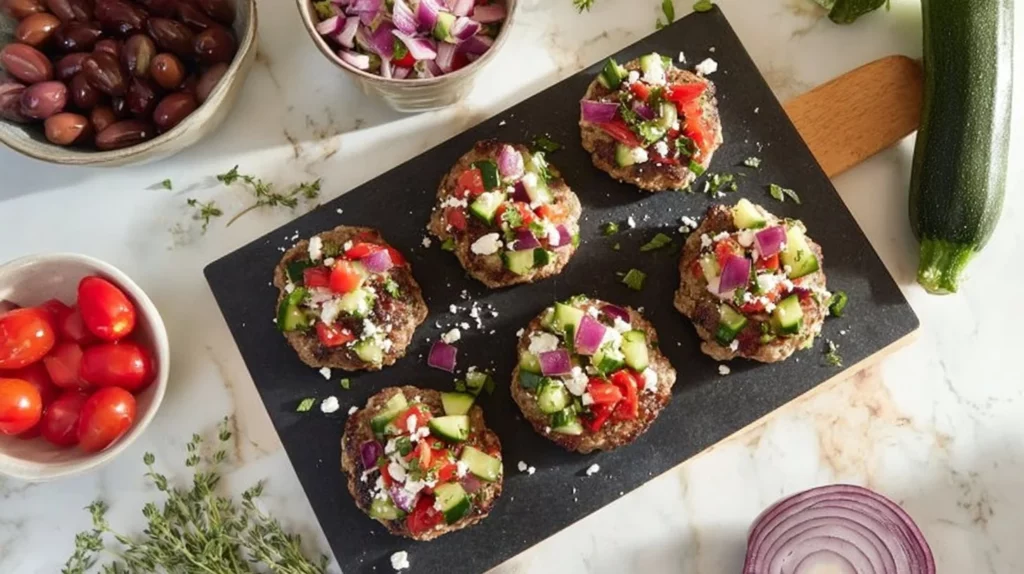 Naked Greek feta-zucchini turkey burgers on a grill