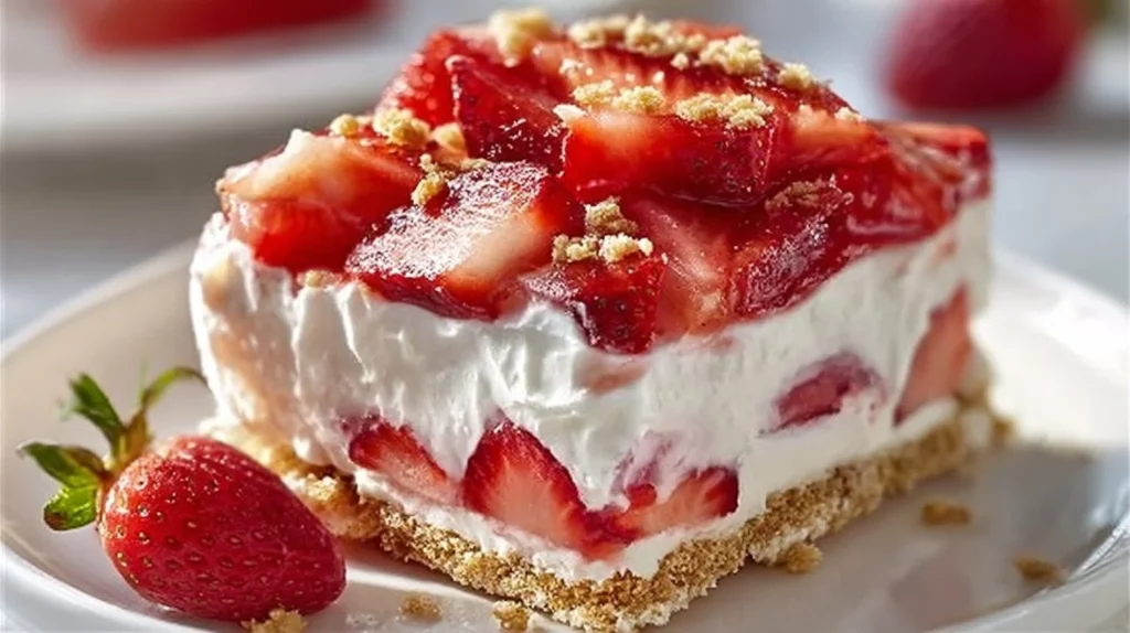 No-Bake Strawberry Cheesecake Lasagna layered dessert with fresh strawberries