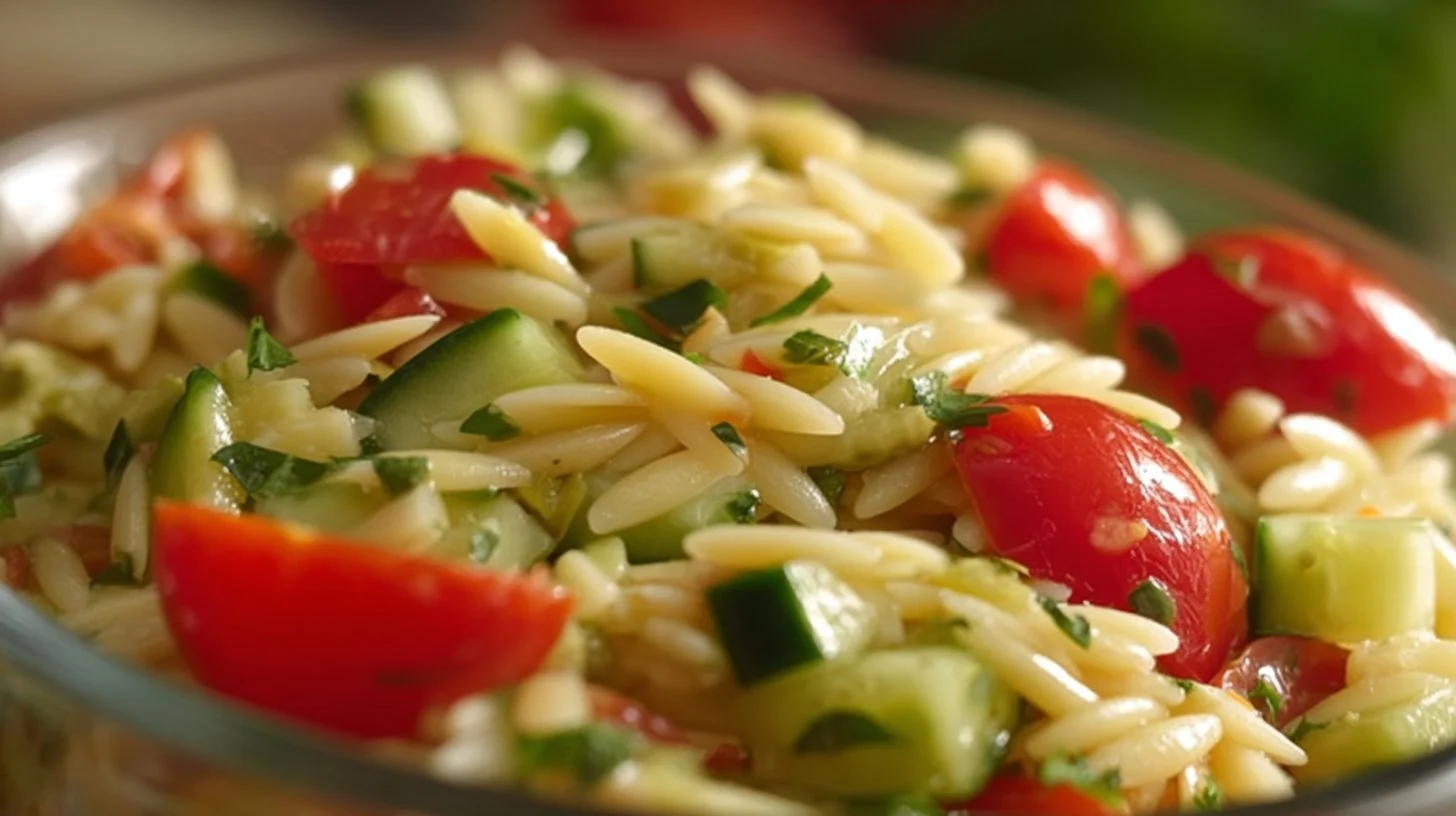 Colorful orzo pasta salad with vegetables and dressing in a bowl