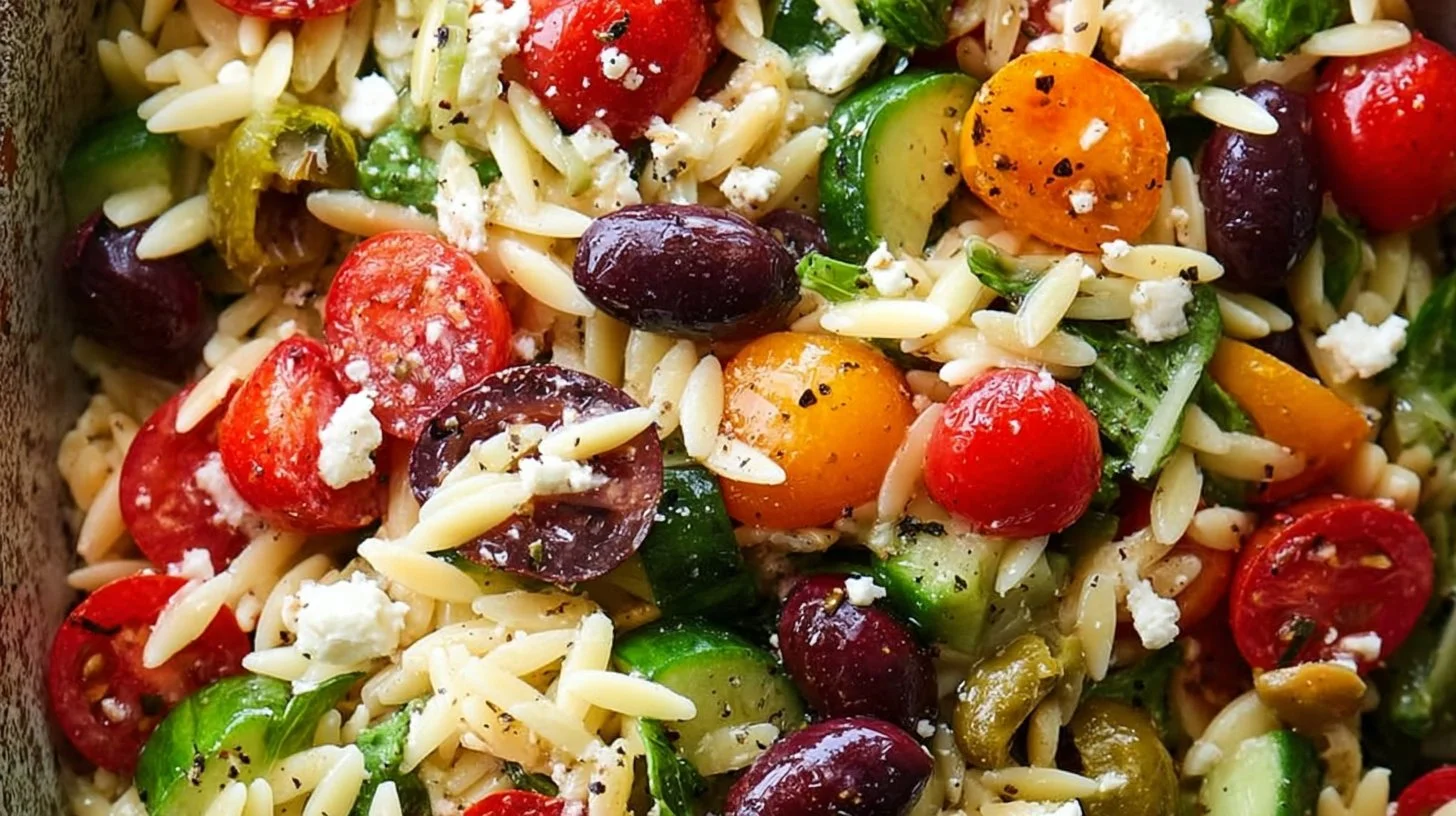 Colorful orzo salad with vegetables in a bowl