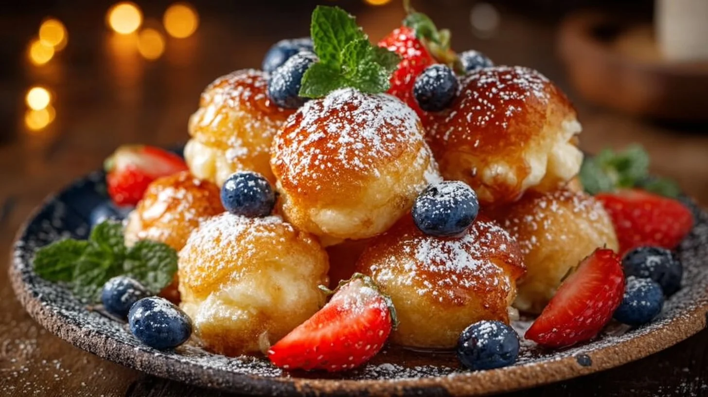 Delicious pancake poppers served with syrup and fruit for dipping