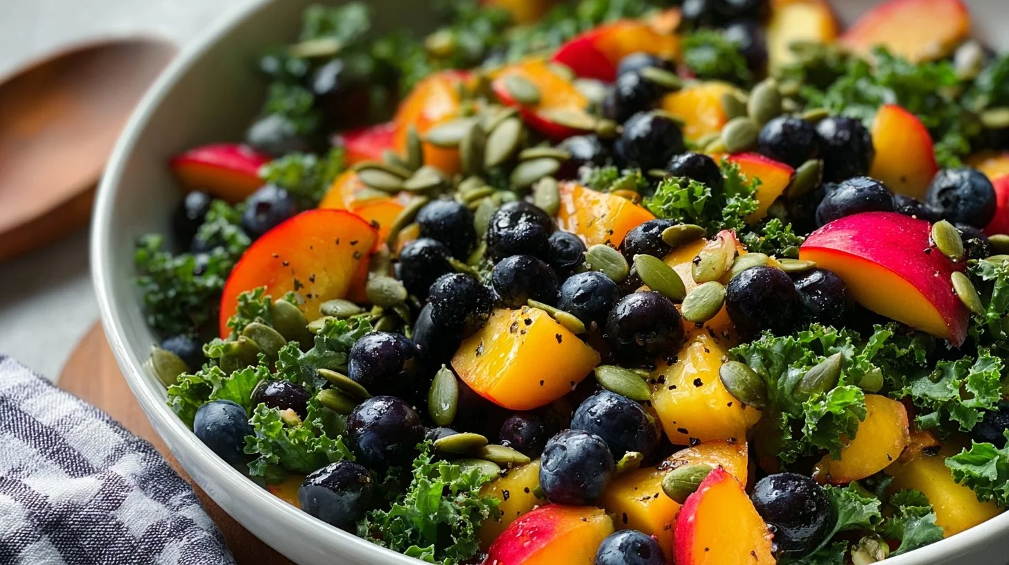 Fresh Peach Blueberry Kale Salad with vibrant fruits and greens