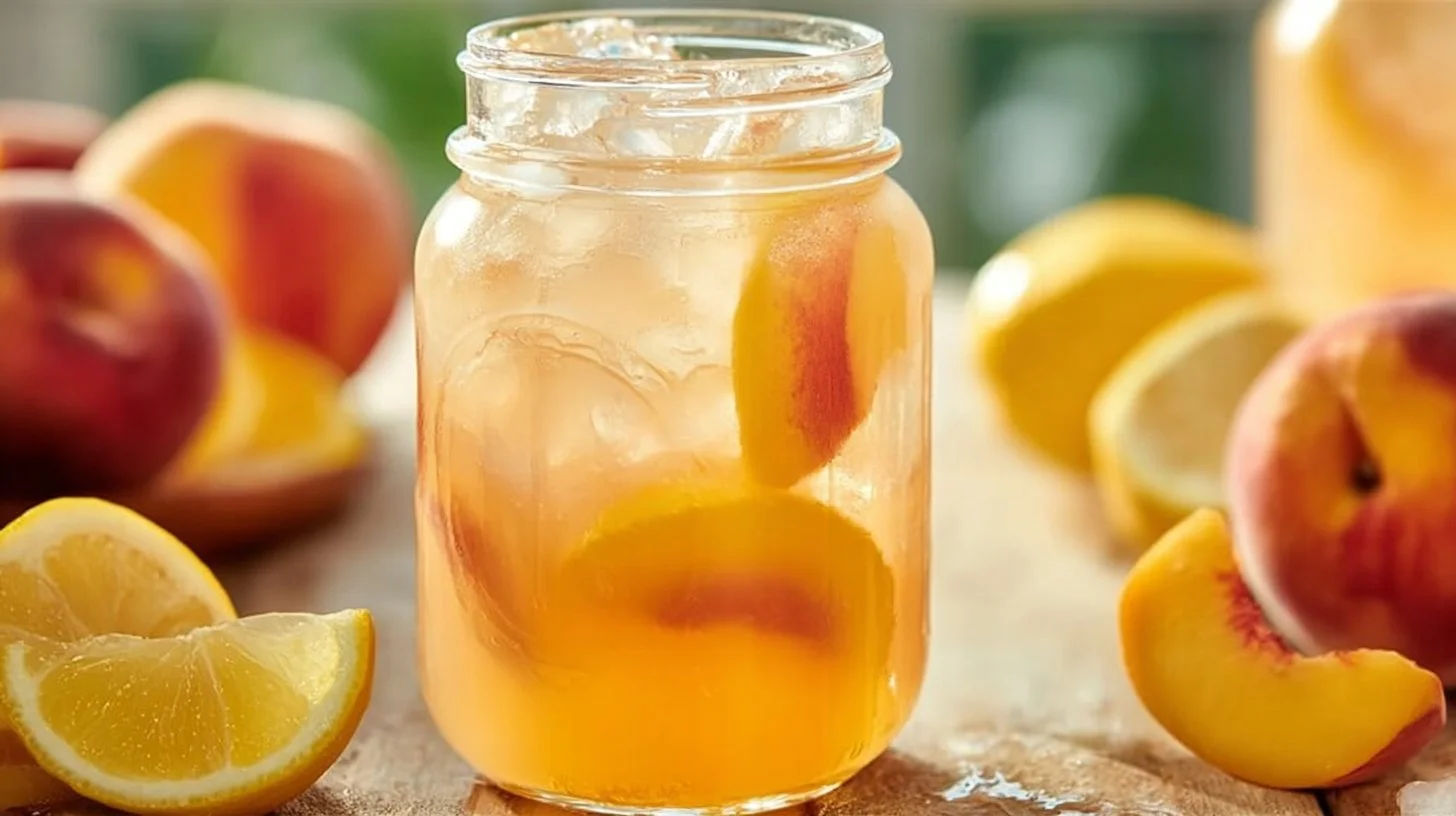 Refreshing Peach Lemonade served in a glass with fresh peach slices
