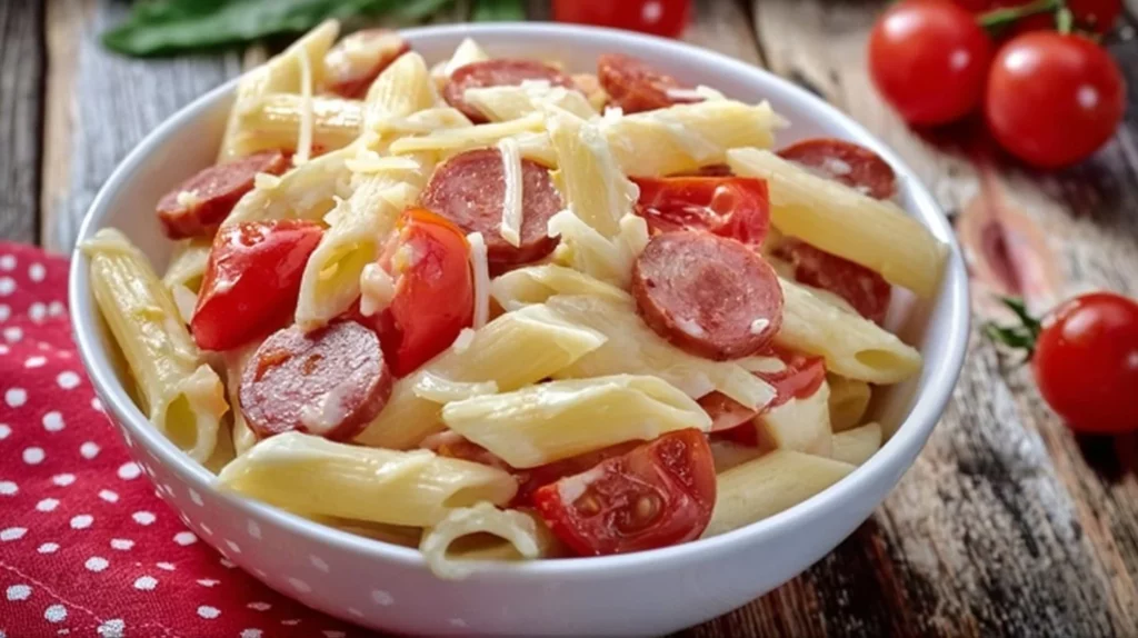 Pepperoni pizza pasta salad with fresh ingredients and vibrant colors