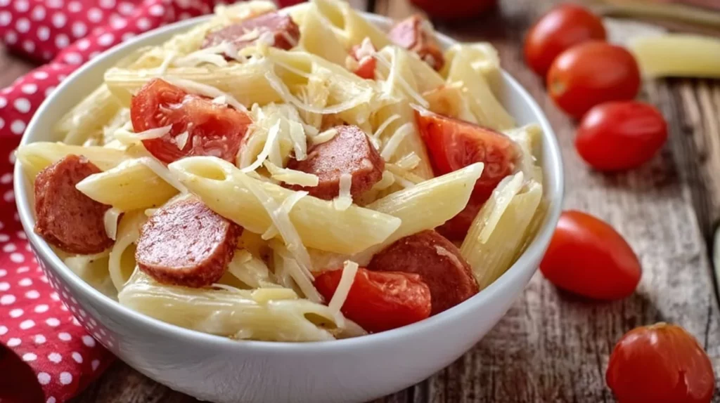 A bowl of pepperoni pizza pasta salad with colorful vegetables and herbs.