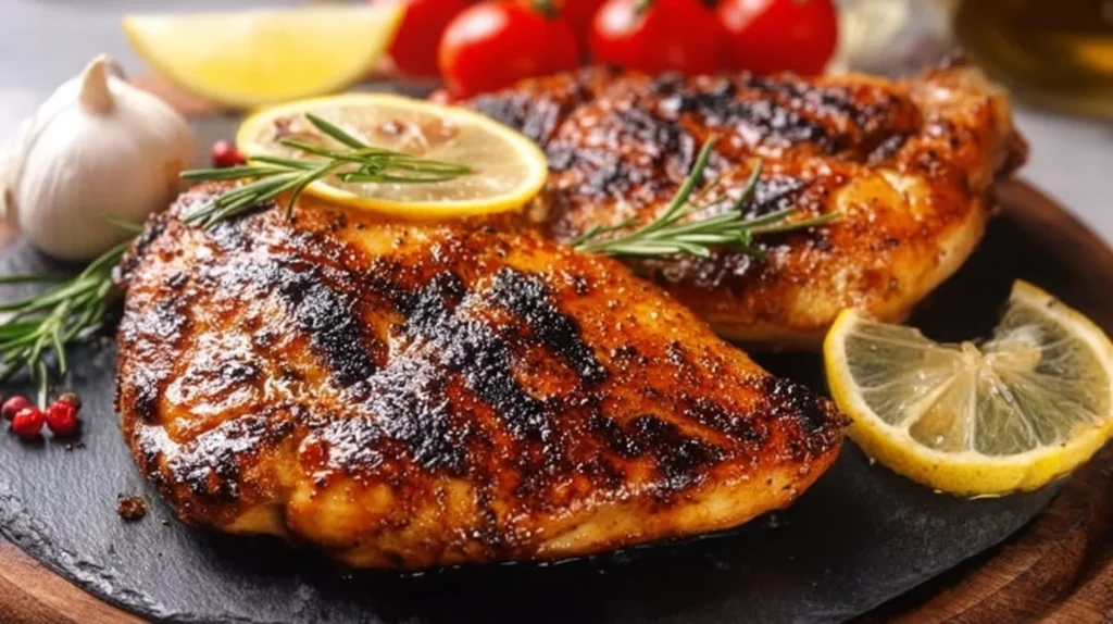 Grilled chicken breast cooked on a Blackstone griddle, garnished with herbs.