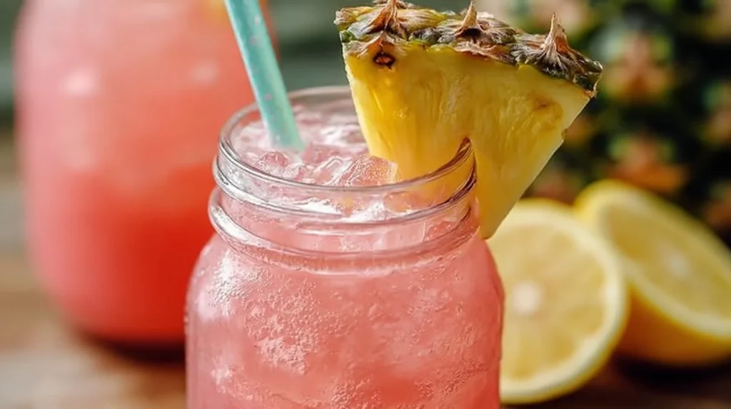 Glass of refreshing Pineapple Pink Lemonade garnished with fruit