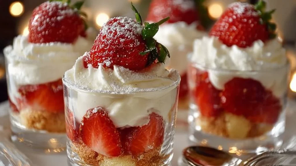 Quick Strawberry Shortcake Cups topped with fresh strawberries and whipped cream