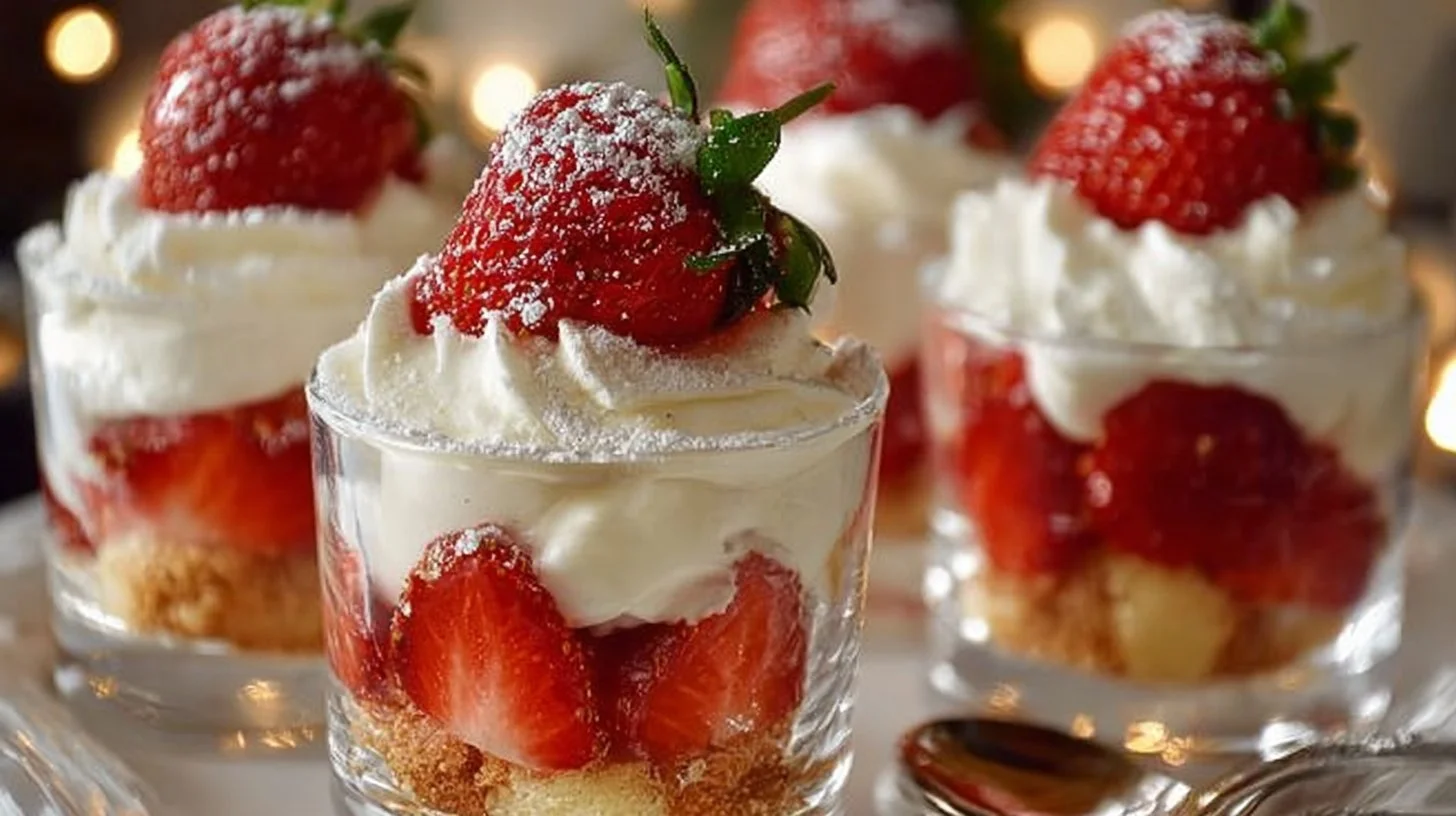 Quick Strawberry Shortcake Cups topped with fresh strawberries and whipped cream