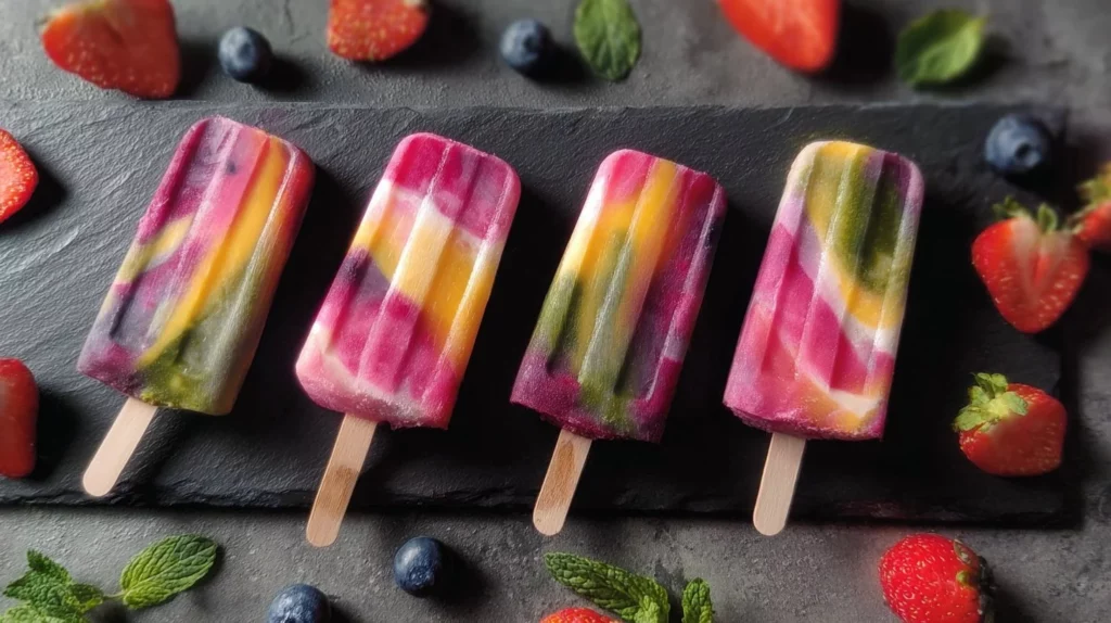 Colorful rainbow fruit popsicles made from fresh fruits, perfect for summer.