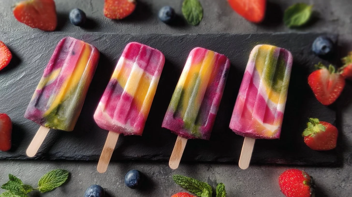Colorful rainbow fruit popsicles made from fresh fruits, perfect for summer.