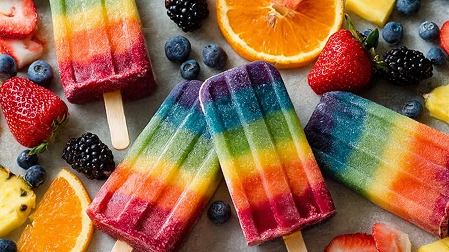 Colorful rainbow popsicles stacked in a tall glass, perfect for a summer treat.