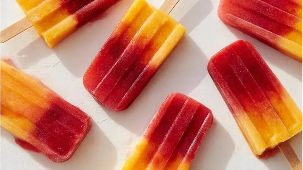 Homemade Raspberry Peach Popsicles stacked on a wooden board