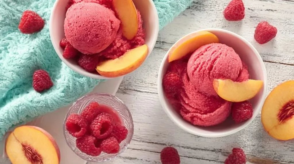 A refreshing bowl of Raspberry Peach Sorbet with fresh raspberries and peaches.