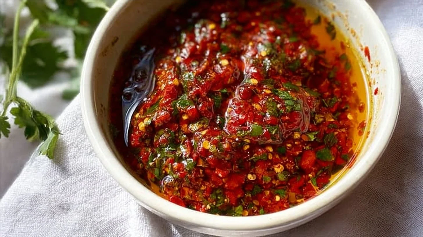 Bowl of red chimichurri sauce over grilled steak