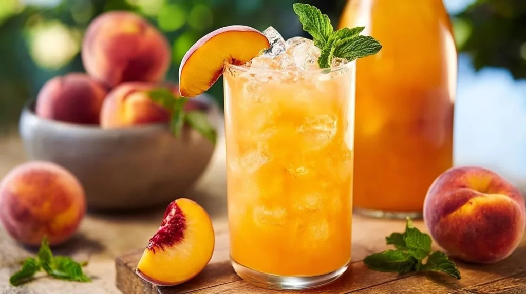 A refreshing glass of peach lemonade with slices of peach and lemon.