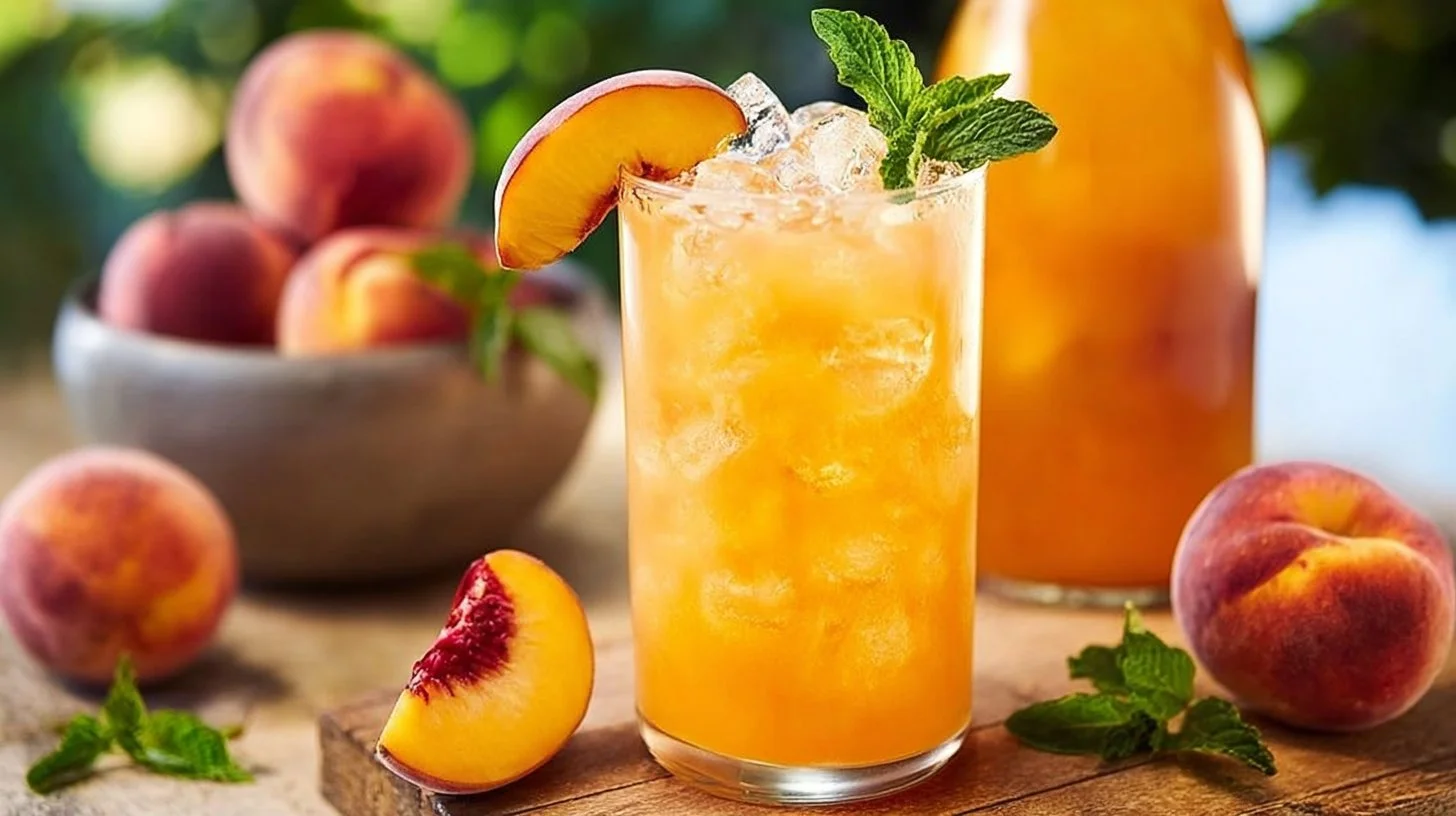 A refreshing glass of peach lemonade with slices of peach and lemon.