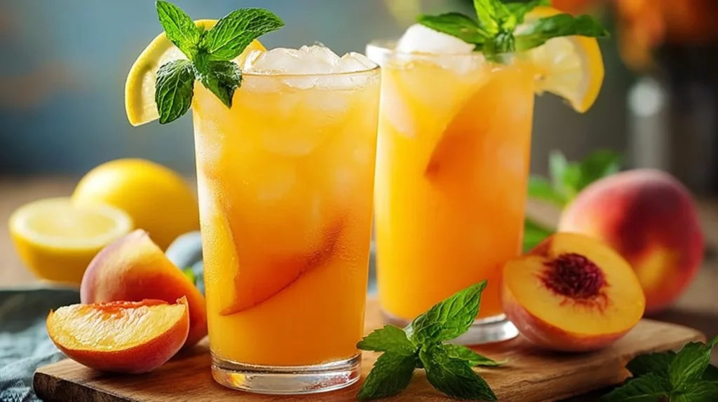Glass of refreshing peach lemonade with fresh peaches and lemons