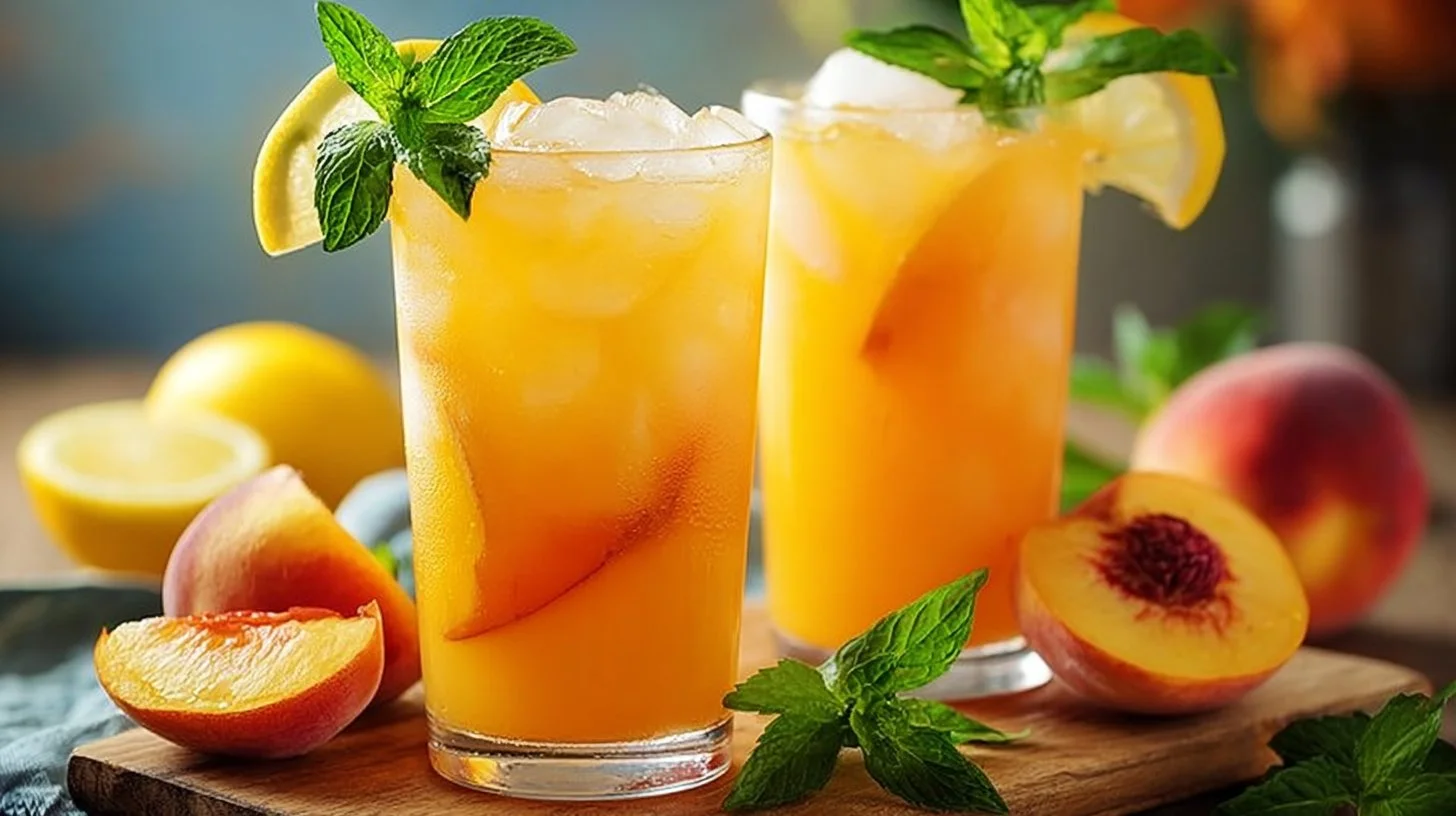Glass of refreshing peach lemonade with fresh peaches and lemons