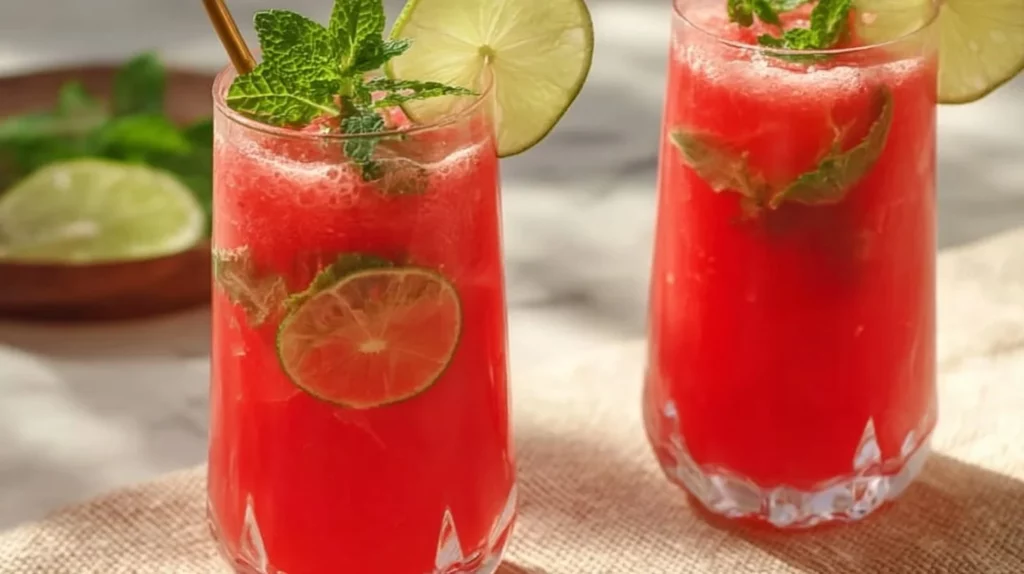 Glass of refreshing watermelon juice served with mint and ice