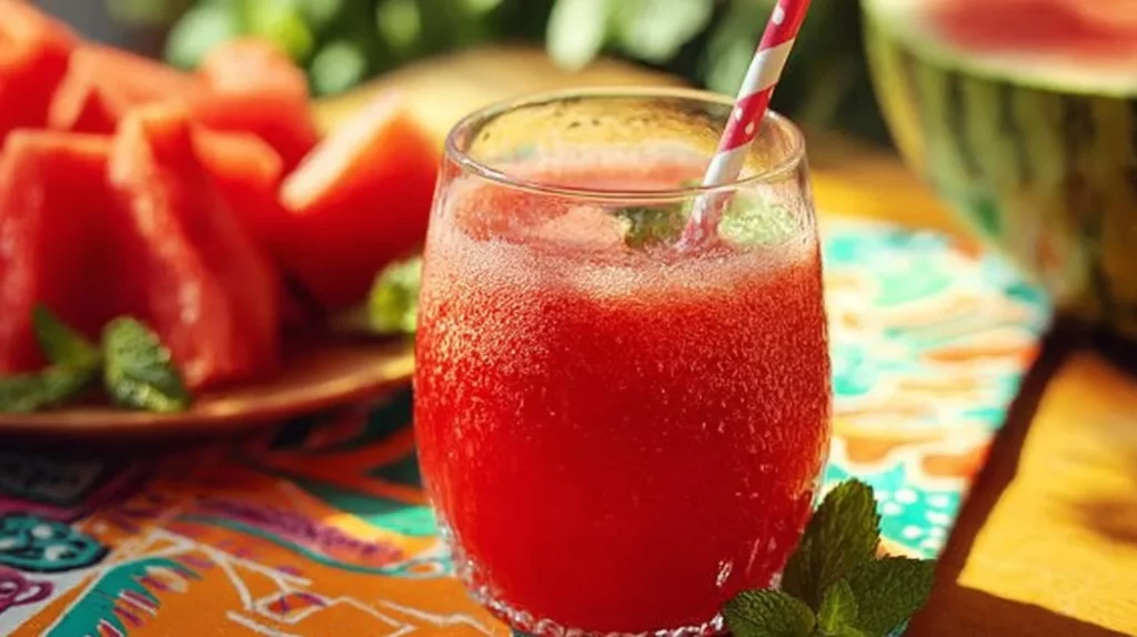 Refreshing glass of watermelon juice with slices of watermelon