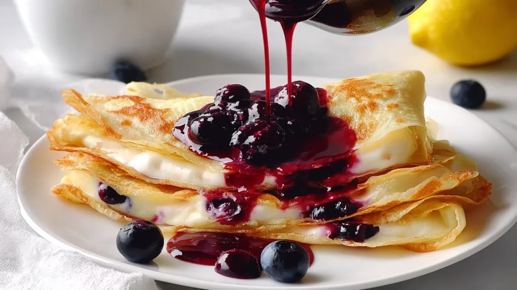 Delicious lemon crepes filled with ricotta cheese and blueberries
