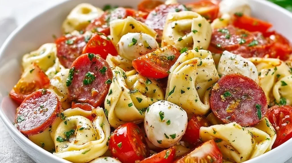 Roasted Red Pepper and Parmesan Tortellini Salad in a serving bowl