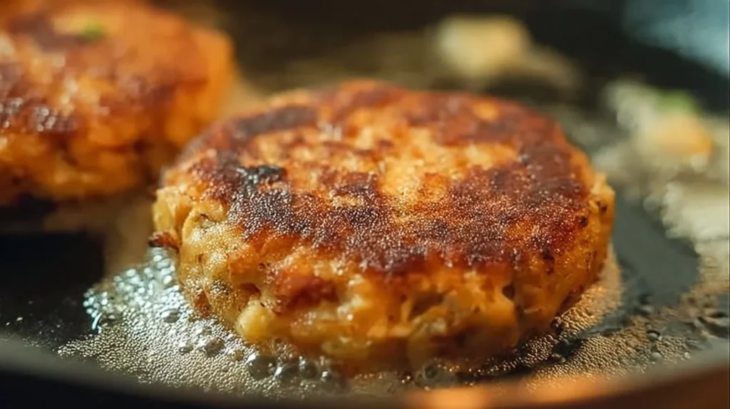 Delicious homemade salmon patties served on a plate with a side of dipping sauce.