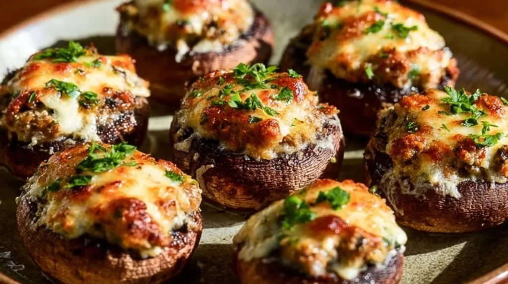 Plate of sausage stuffed mushrooms ready to serve as an appetizer