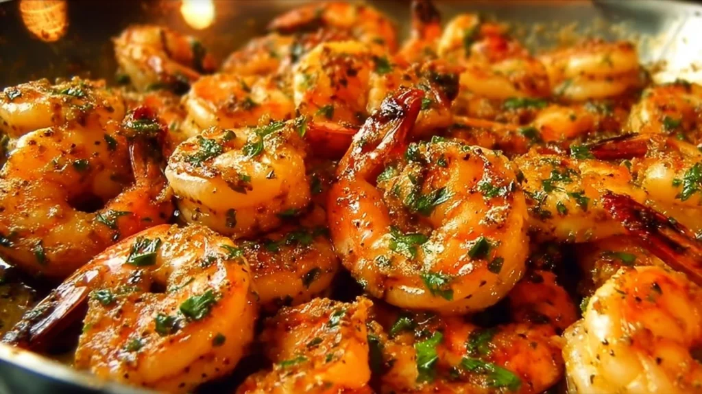 Delicious sautéed shrimp served with fresh herbs and lemon