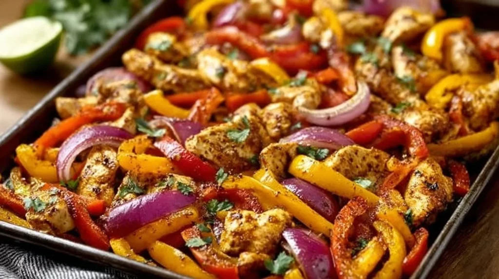 Delicious sheet pan chicken fajitas with peppers and onions