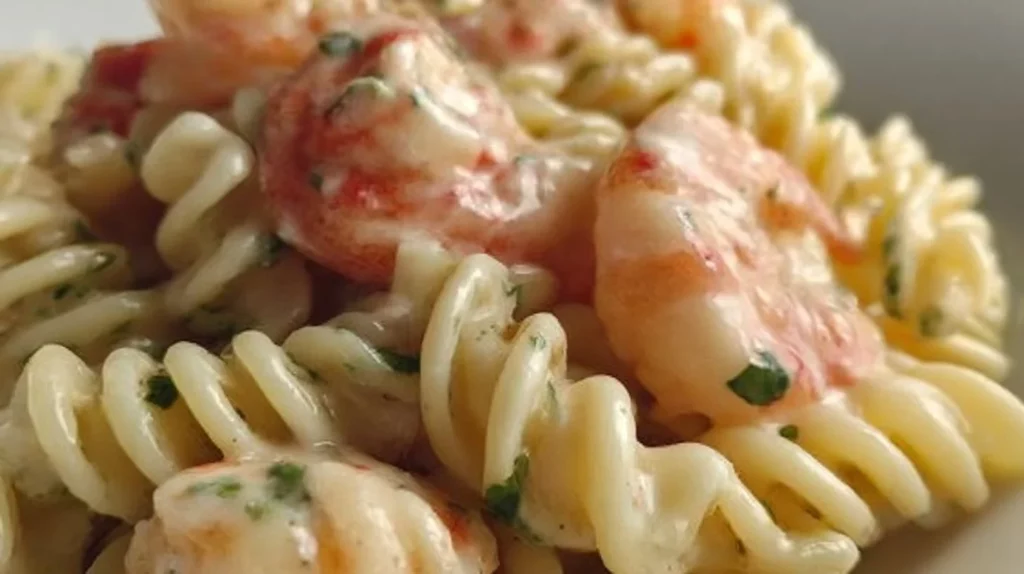 Delicious Shrimp Louis Pasta Salad with fresh ingredients served in a bowl.