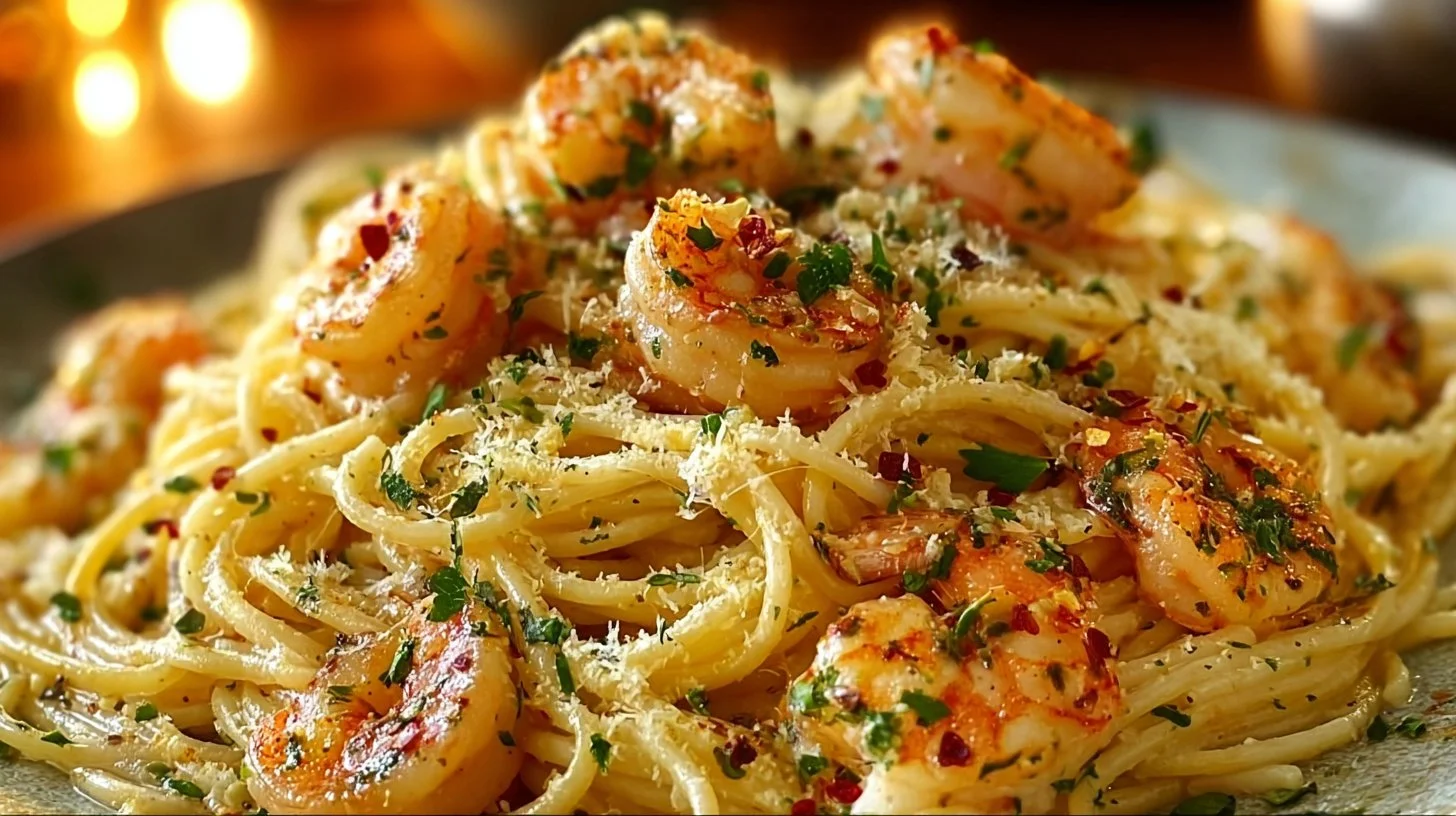 Delicious Shrimp Scampi Garlic Cream Pasta topped with parsley and parmesan