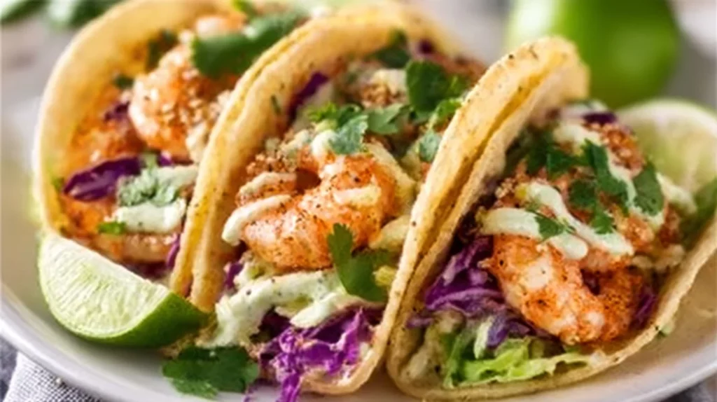Delicious shrimp tacos topped with fresh vegetables and salsa