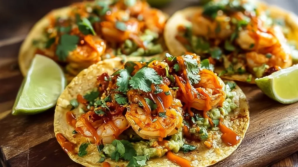Delicious shrimp tacos garnished with fresh vegetables and lime