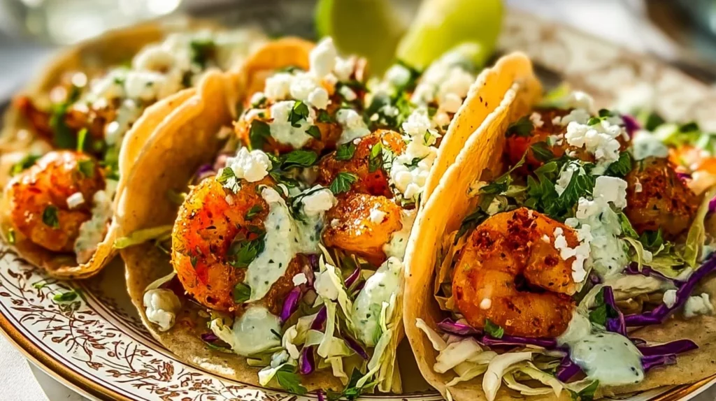 Delicious shrimp tacos topped with fresh ingredients and served in a soft tortilla.
