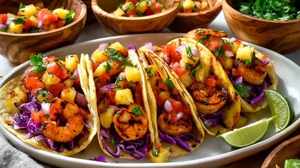 Delicious shrimp tacos with grilled pineapple salsa served on a plate
