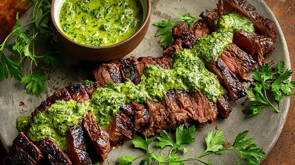 Grilled skirt steak marinated with chimichurri sauce on a rustic wooden table.