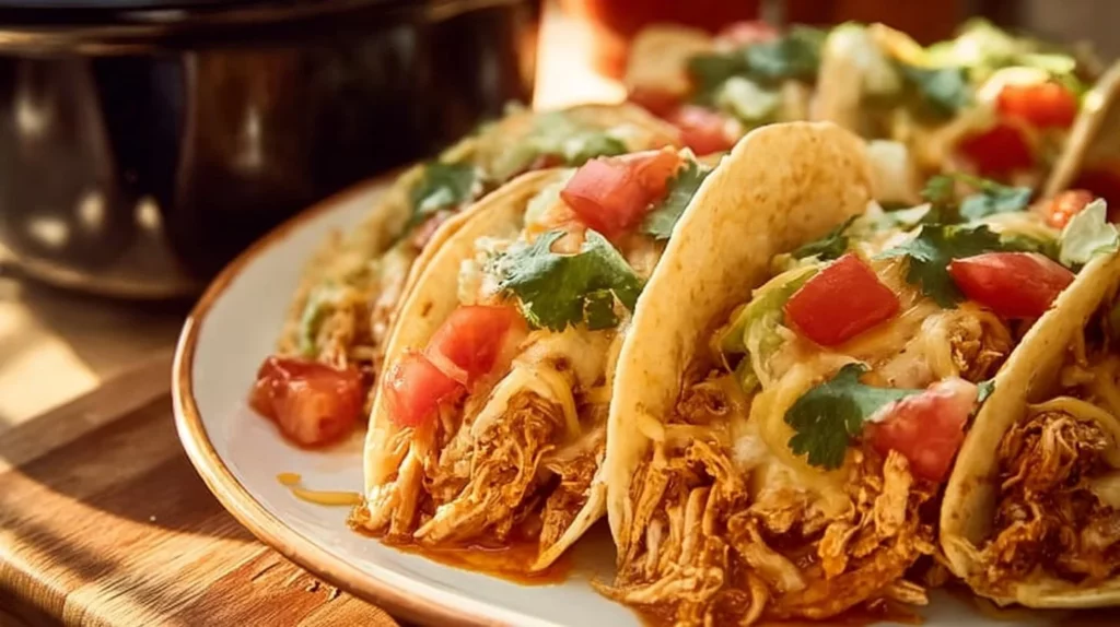 Delicious slow cooker queso chicken tacos ready to serve