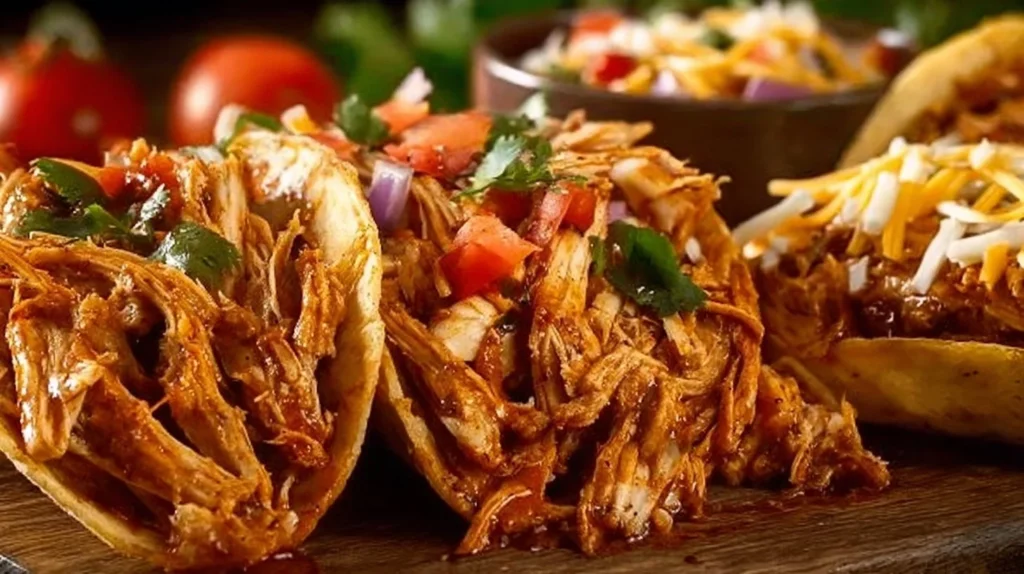Slow cooker shredded chicken tacos with fresh toppings in a serving dish.