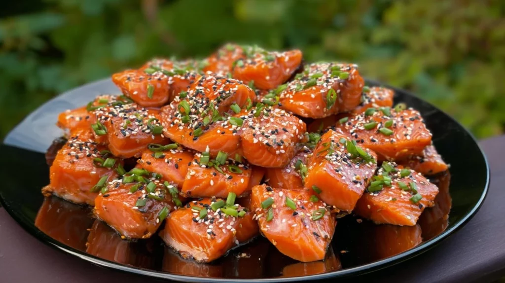 Smoked salmon burnt ends on a wooden serving platter garnished with herbs.