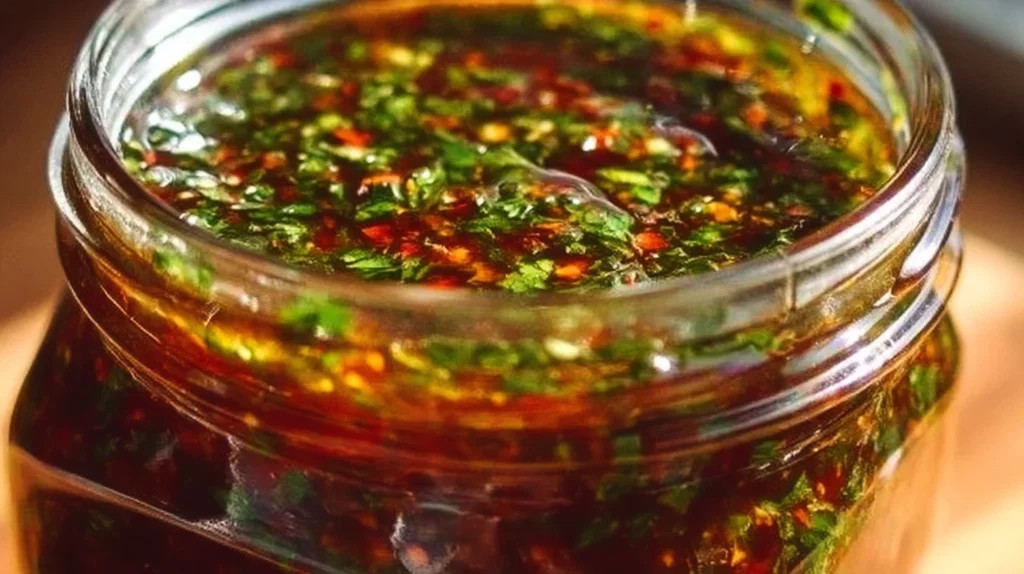Smoky red chimichurri drizzled over grilled meat
