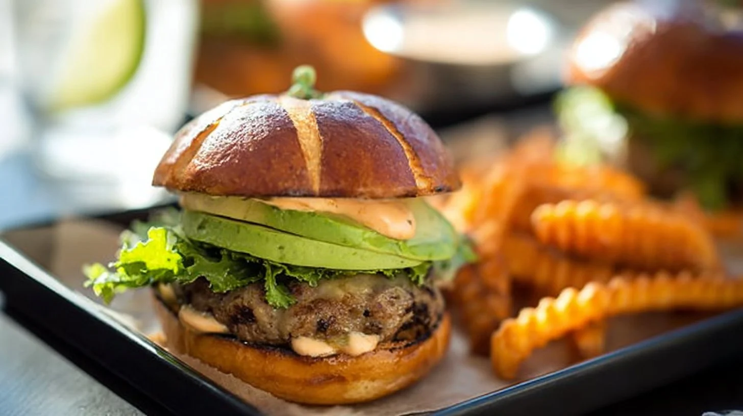 Southwest Turkey Burgers topped with Chipotle-Lime Aioli on a plate