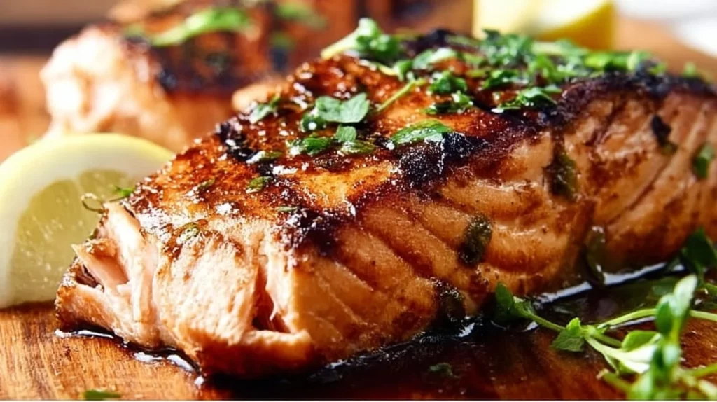 Soy sauce and brown sugar grilled salmon on a plate garnished with herbs