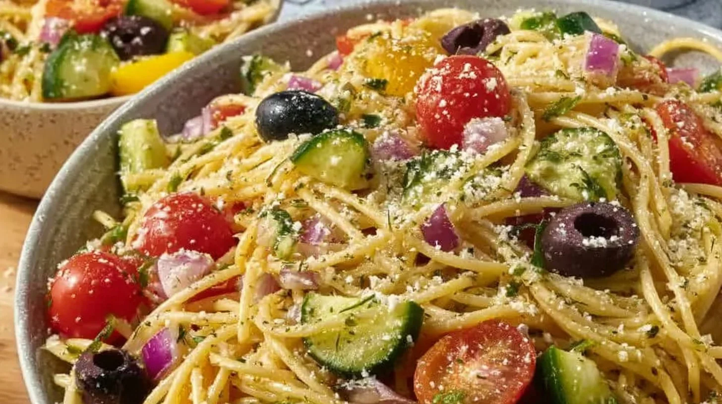 Delicious and colorful spaghetti salad with vegetables and dressing