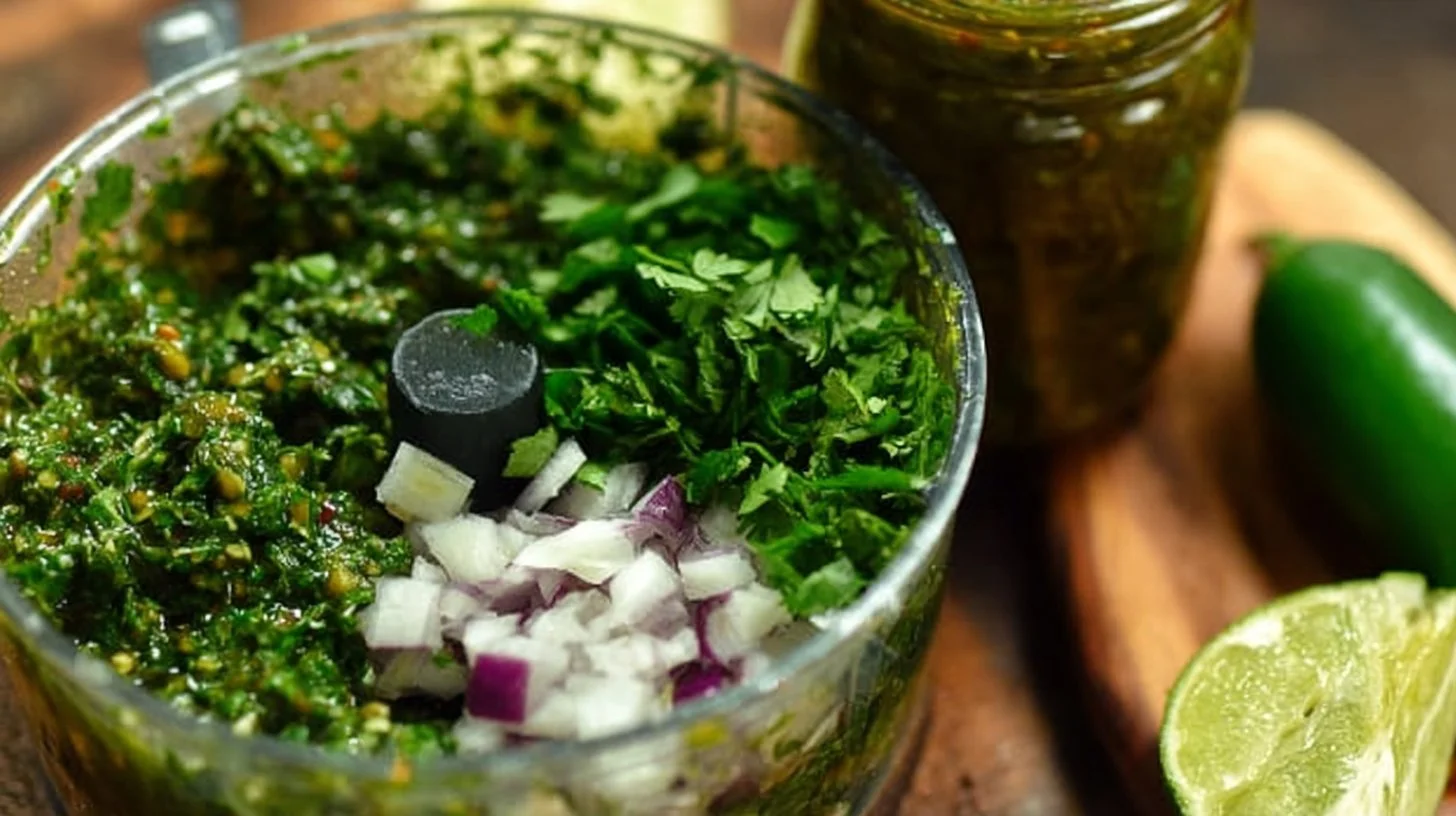 Spicy cilantro chimichurri sauce in a bowl with fresh herbs
