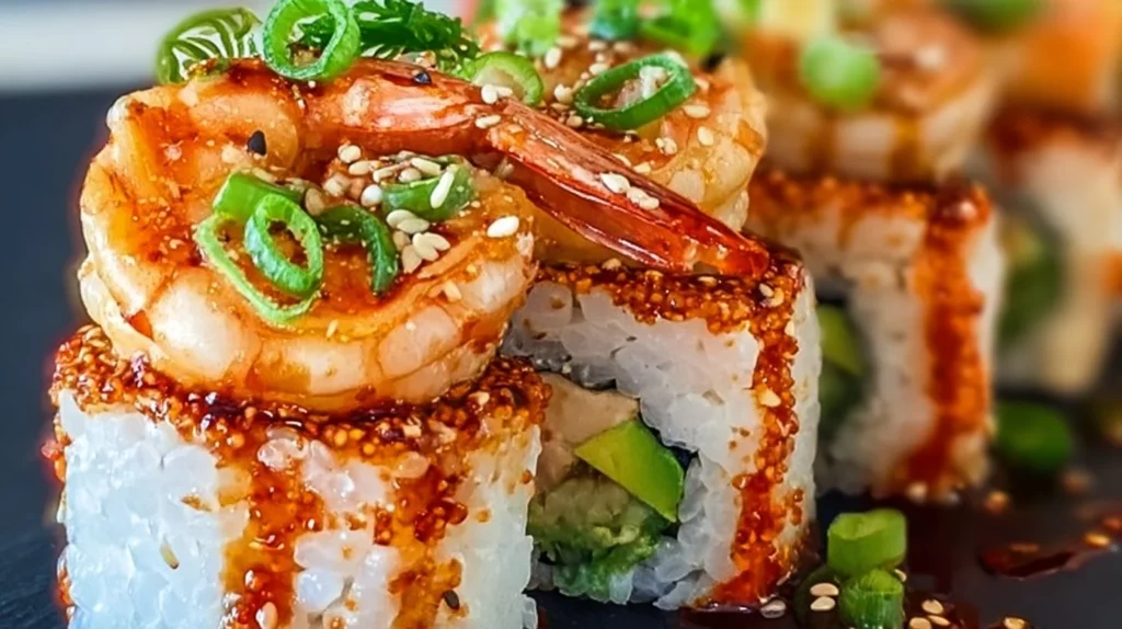 Spicy Shrimp Sushi Stacks on a white plate garnished with avocado and sesame seeds
