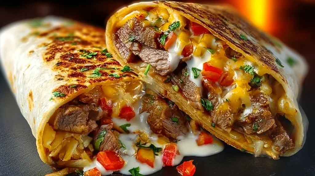 Delicious Steak & Cheese Dirty Fry Burritos ready to enjoy.