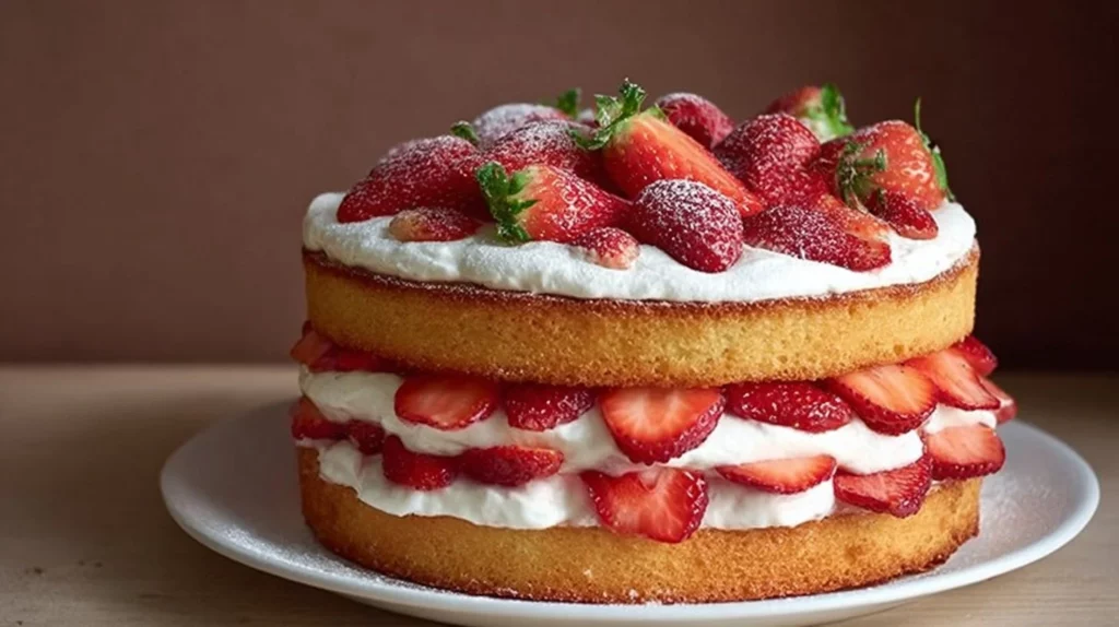 Slice of strawberries and cream sponge cake topped with fresh strawberries