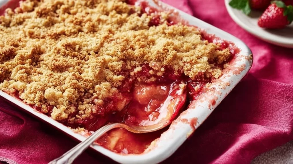 Delicious homemade strawberry rhubarb crumble dessert served in a bowl.